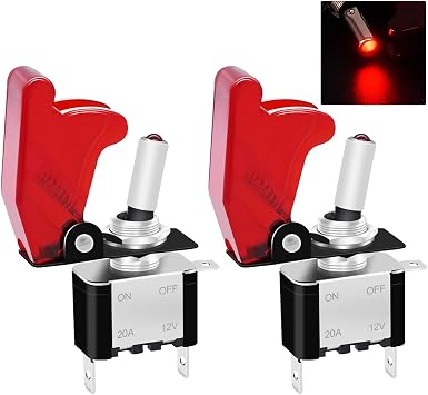 Twidec/2Pcs Rocker Toggle Switch 12V LED Lighted Heavy Duty Racing Car Automative 12 Volt DC 20A SPST ON/OFF Toggle Switch Red LED Illuminated 3Pin With Red Waterproof Safety Cover ASW-07DRRMZ-2PCS