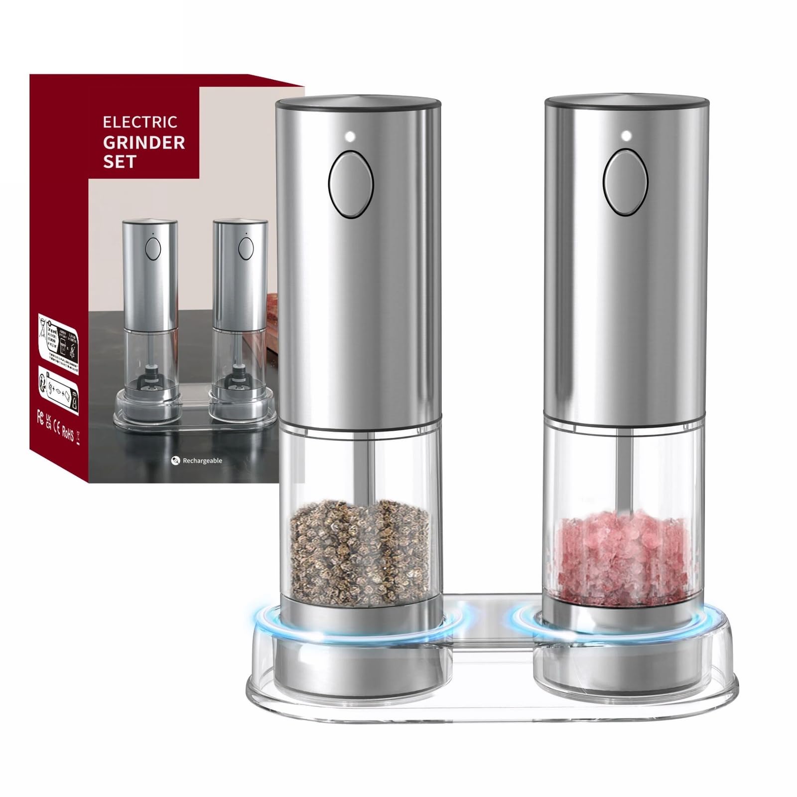 Electric salt and pepper grinder set with LED light. With USB port. Stainless steel automatic refillable 5 adjustable coarseness grinder