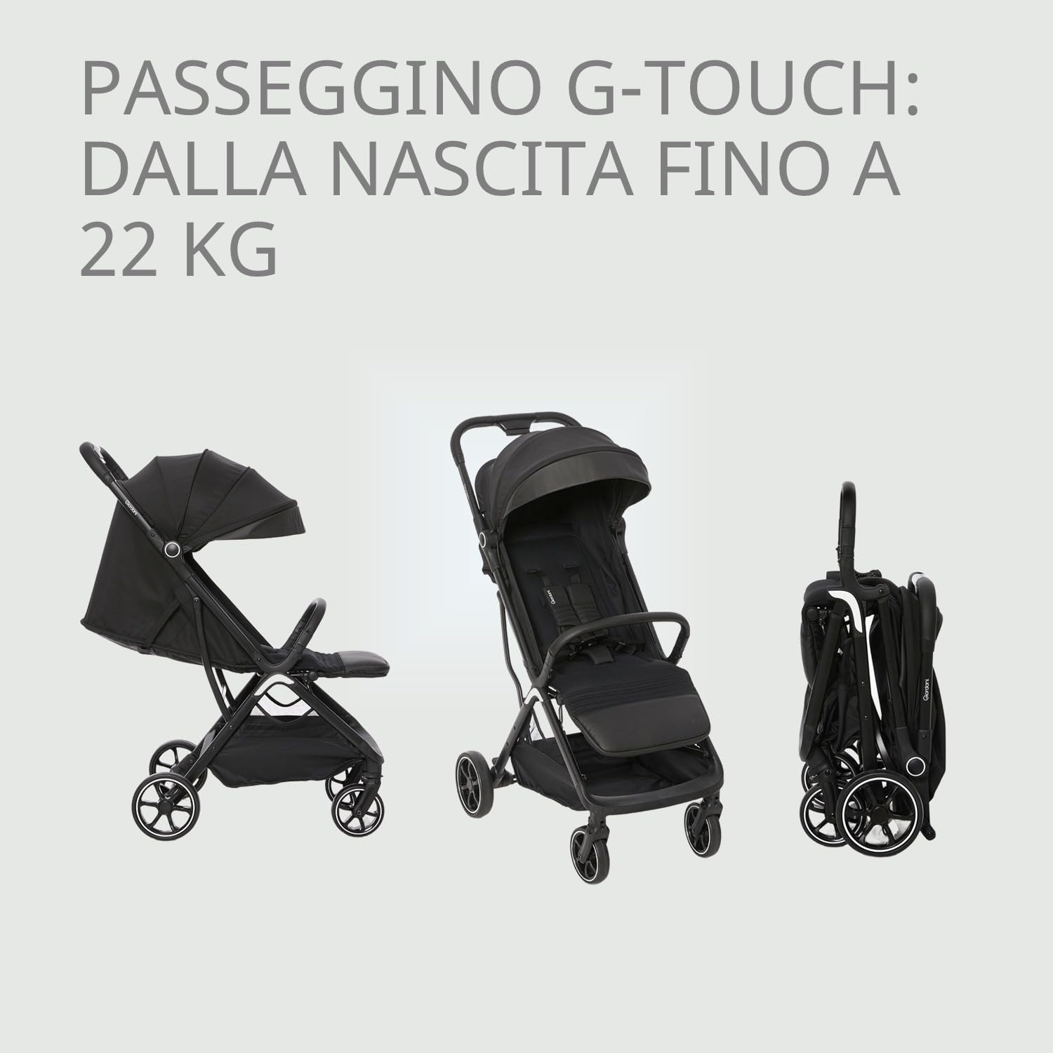 Giordani G-Touch Passeggino Leggero 6.9 kg, Chiusura Automatica One-Touch, da 0 Mesi a 22 kg,Seduta Imbottita, Ruote con Sospensioni e Dettagli in Ecopelle, Compatto e Salvaspazio, Nero
