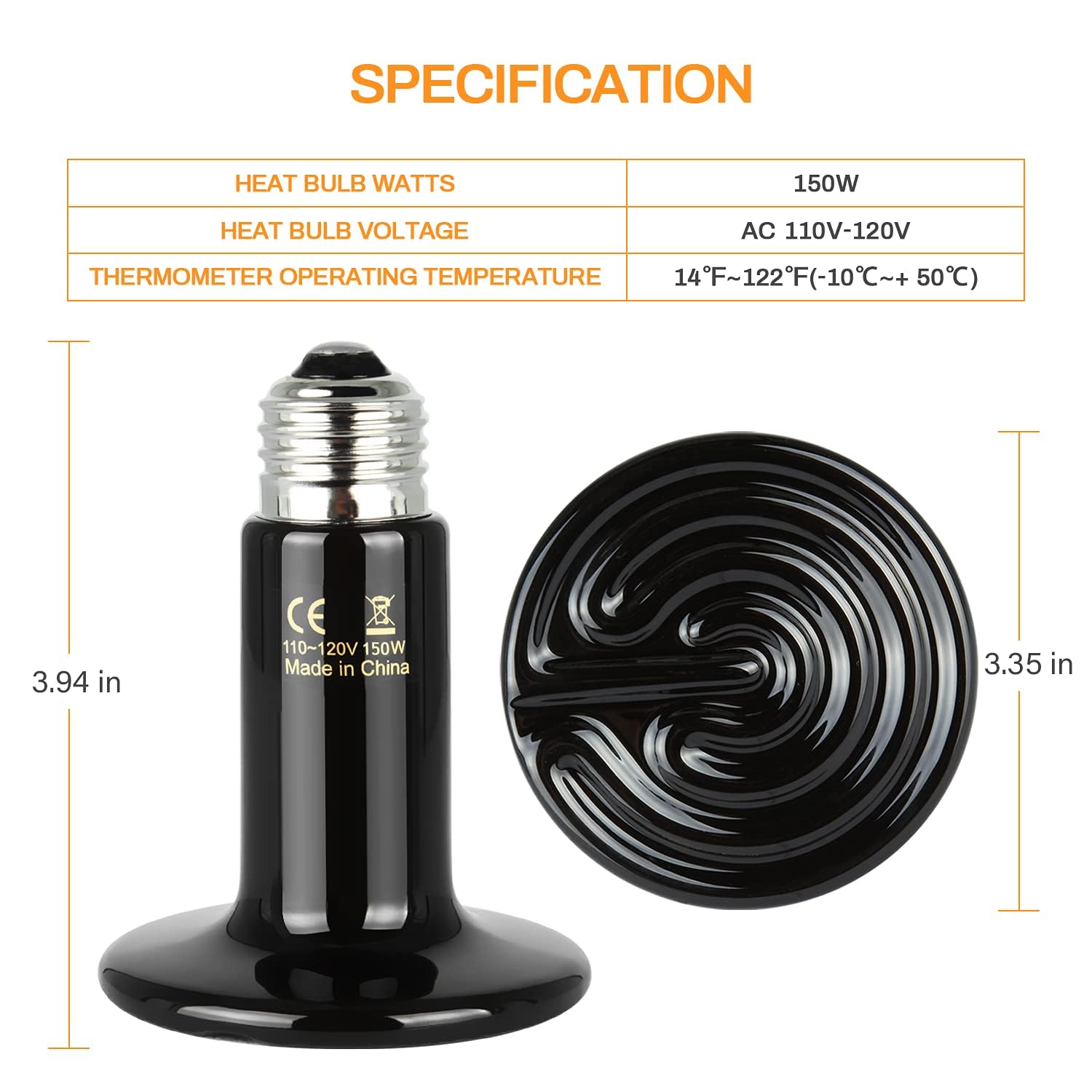 Simple Deluxe 150W Ceramic Heat Emitter Reptile Heat Lamp with Digital-Thermometer, for Pet Brooder Coop Chicken, Dragon Turtle Lizard Snake Aquarium Tank - image 3