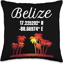 Belize Longitude and Latitude Vacation Beach Palm Trees Throw Pillow, 16x16, Multicolor