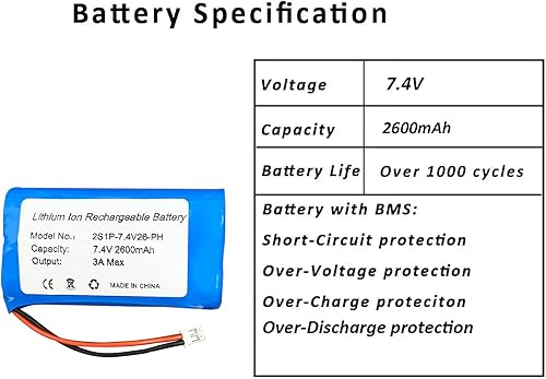 Miniatura 3 de Seasider Batería recargable de iones de litio de 7.4V 2600mAh con conector JST 2Pin 1.252.02.54 para altavoz, juguete de control remoto, caja de