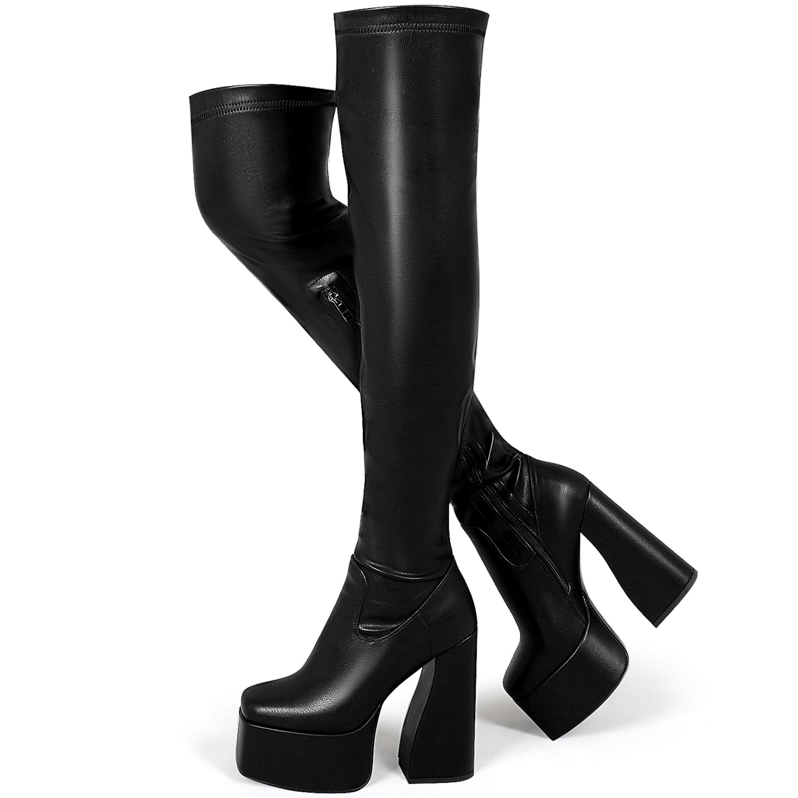 LanreyTaley Platform Thigh High Boots for Women Chunky Block Heels Over The Knee Boots Stretch Go-Go Boot Square Toe Party Boots with Zipper