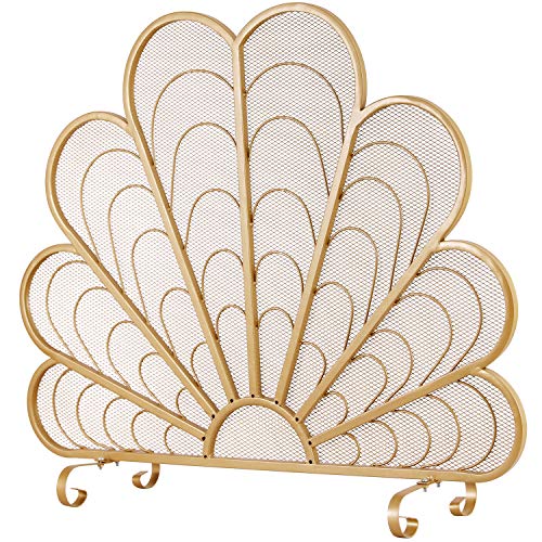 MyGift Brass-Tone Metal Mesh Fireplace Screen with Decorative Peacock Feather Shaped Design, Indoor Fireplace Spark Fire Guard Protector