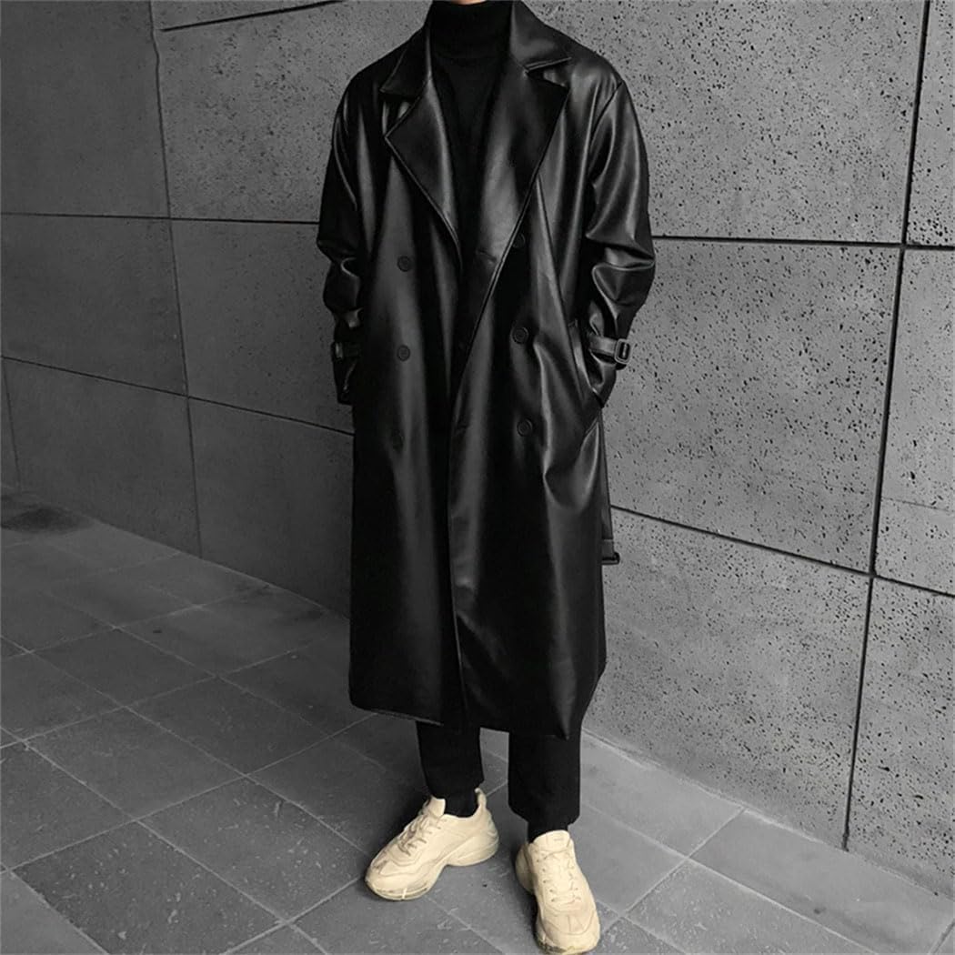 Haitpant Spring Autumn Long Black Oversized Faux Leather Trench Coat Men Drop Shoulder Belt Faux Leather Jackets