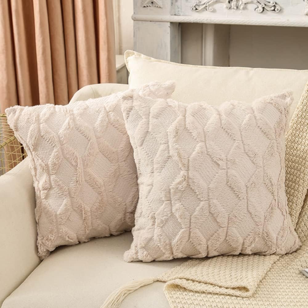 Set of 2 Decorative Throw Pillow Covers 22x22 Inch Soft Plush Short Wool Velvet Square Pillow Case Beige Cushion Cover for Couch Sofa Bedroom Outdoor (22"X22", Beige)