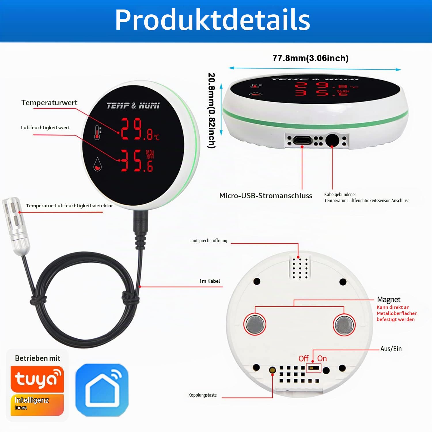 Wifi-Temperatur-Feuchtigkeitssensor, digitales Thermometer-Hygrometer mit Sonde und wiederaufladbarem Akku, Summeralarm und App-Warnungen, Temperatur-Feuchtigkeitsmonitor für Gefrierinkubator Haustier