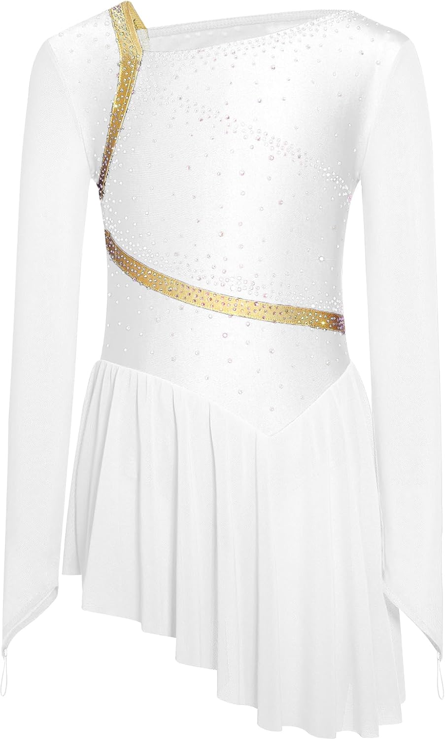 Hansber Figure Skating Dress for Girls Rhinestone Mesh Long Sleeve Sparkly Skirted Leotard Ballet Outfit Dancewear