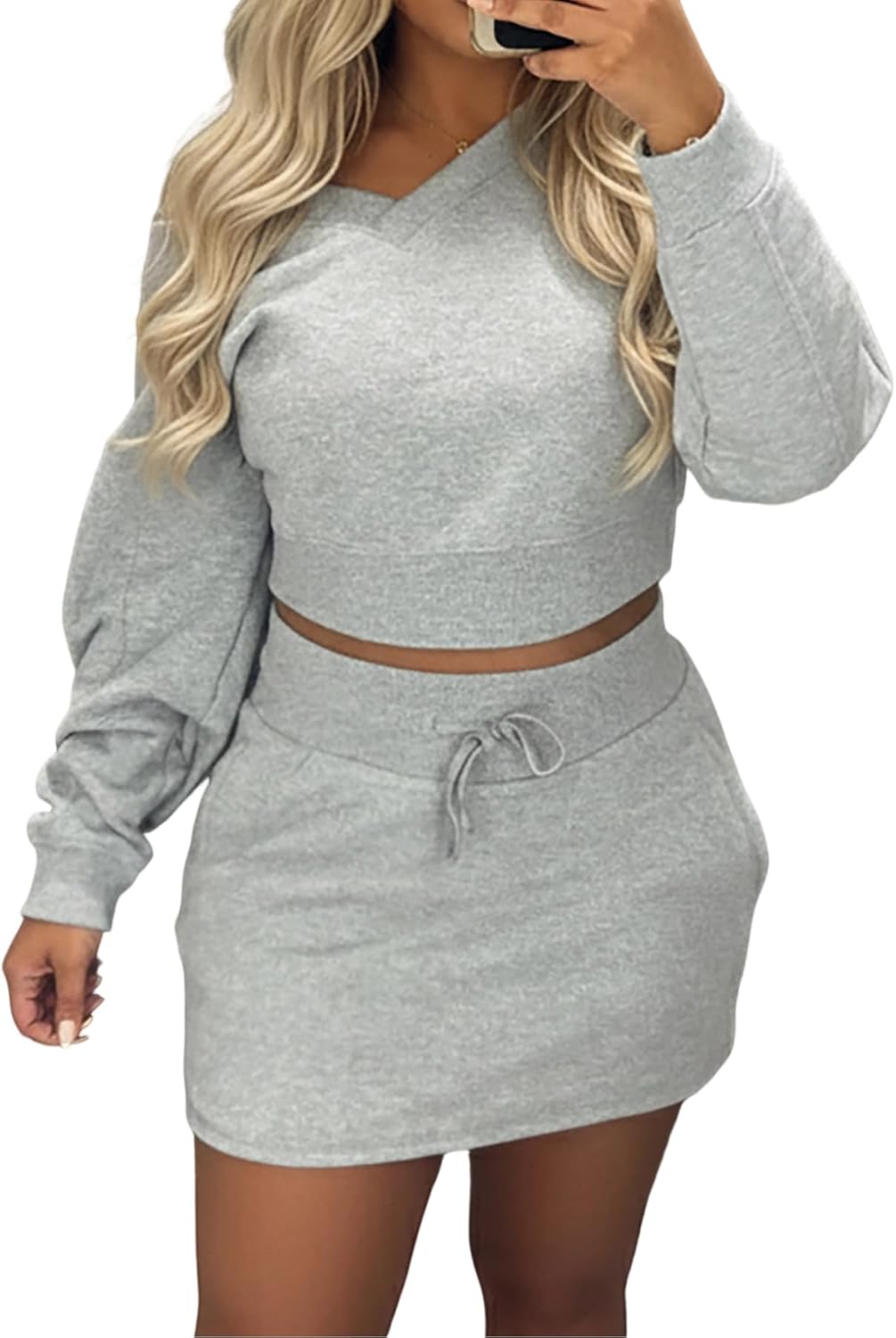 CHICME Womens 2 Piece Outfits Skort Set 2026 Spring V-neck Sweatshirt Top and Drawstring Skirt Set