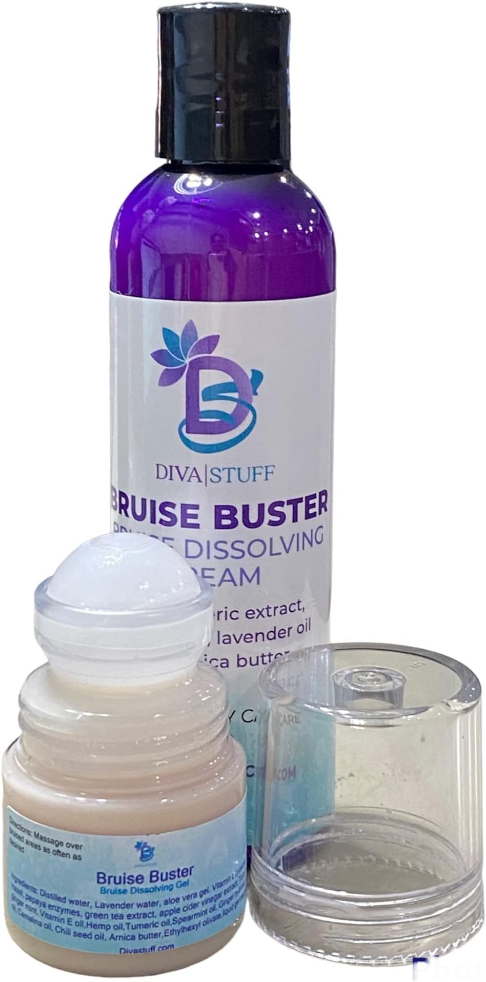 Diva Stuff Bruise Busting Cream 4 oz bottle and Rollerball Gel Treatment (Purse and Travel Size), For Those Who Bruise Easily, With Arnica Butter, Lavender and Turmeric, All Natural, 4 oz (2 Pack)