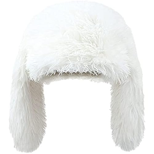 HENWASAI Y2K Fuzzy Bunny Hat for Women Girls Cute Furry Beanie with Ears Long Rabbit Ears Hat for Festival, Easter, Party - One Size - White