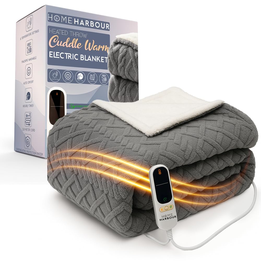 Electric Heated Blanket Throw 180x130cm | 9 Heat Levels, 9-Hour Timer, Overheat Protection...