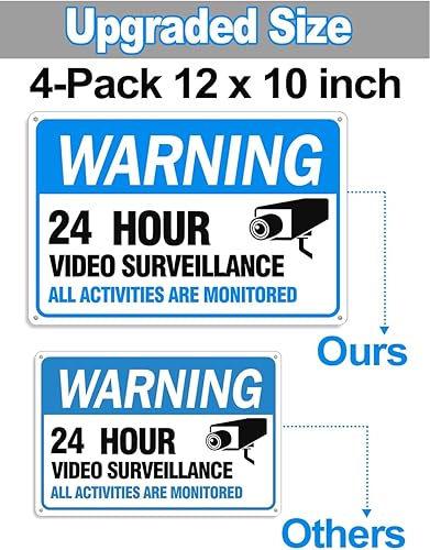 Miniatura 8 de Señal de videovigilancia, paquete de 4 letreros de cámara de seguridad de 10 x 10 pulgadas, material reflectante e impermeable, señal de vigilancia