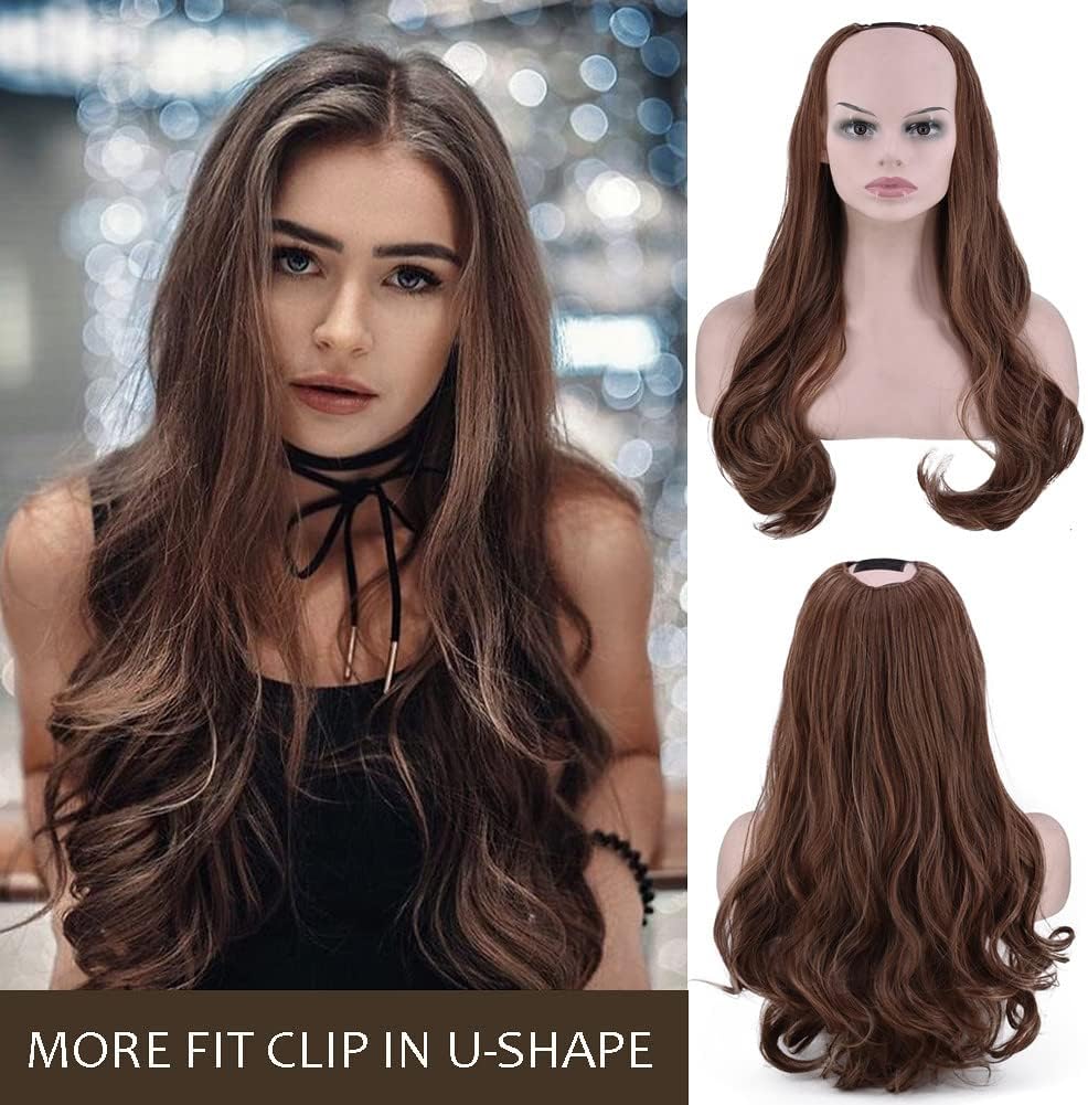 Wavy U-Shape Wig Clip in One Piece Hair Extension 3/4 Half Wig Hair Support 2/30# Dark Brown