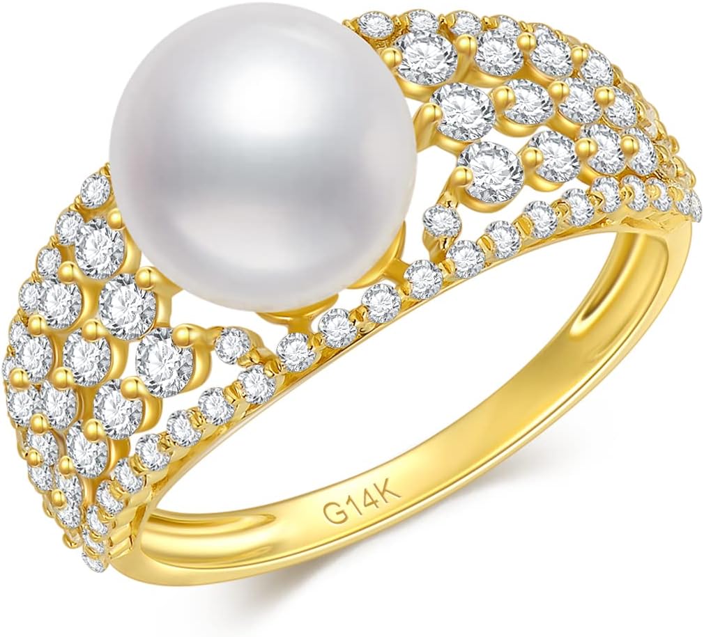 SISGEM Solid 14K Gold 9MM Freshwater Pearl Wedding Ring for Women,Yellow Gold 5A CZ Pearl Engagement Ring/Wedding Anniversary Birthday Gifts for Her,Size 5-11