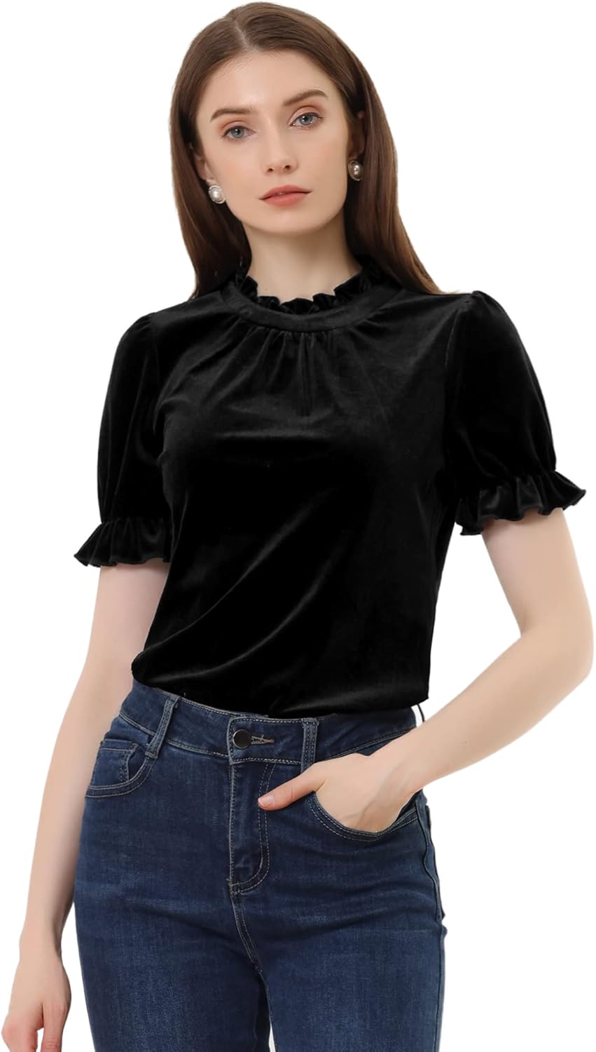 Allegra K Halloween Ruffle Collar Shirt for Women's Short Sleeve Casual Velvet Tops Blouse