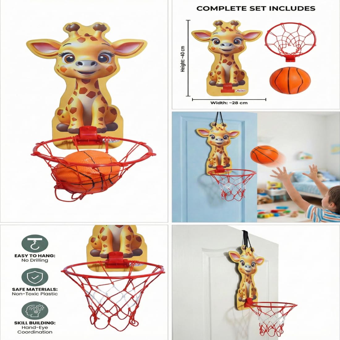 Asian Giraffe Wooden Basketball Board with Net & Ball | Indoor & Outdoor Kids Basketball Playset | Wall Mount Sports Toy for Boys & Girls | Skill Development Game 3