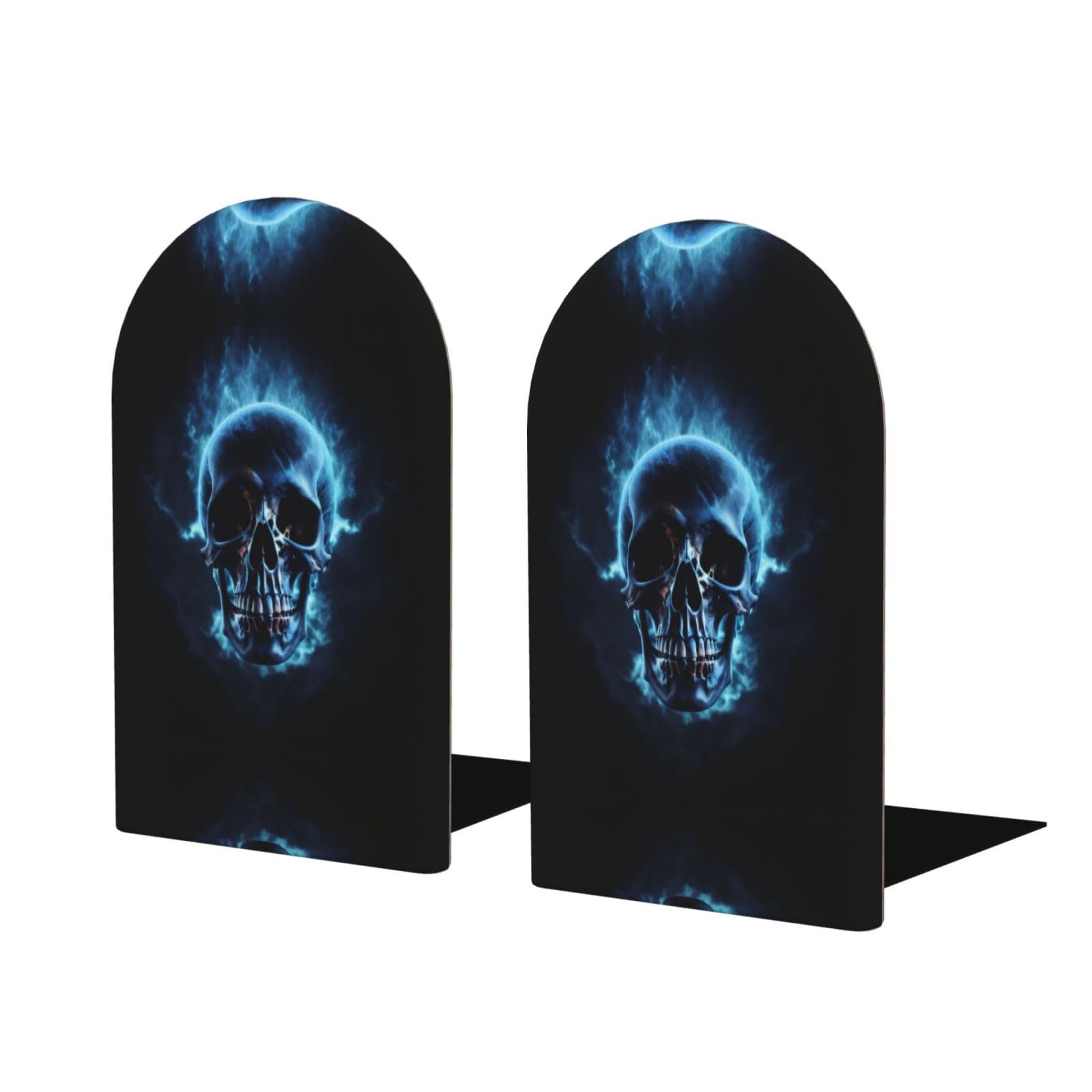 Horror Ghost Skull (1) Stylish Bookends with Full-Print Design Durable Wooden and Metal Bookend Set for Home, Office