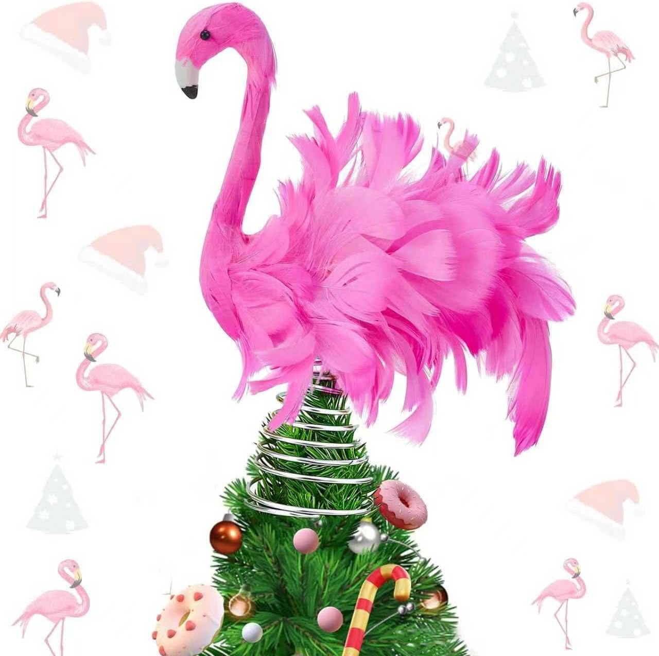 Pink Flamingo Christmas Tree Topper, 11.8 Inch Flamingo Ornaments for Christmas Tree with Fluffy Artificial Feathers, Pink Christmas Decorations for Garden Home Indoor Outdoor Holiday Ornament Party