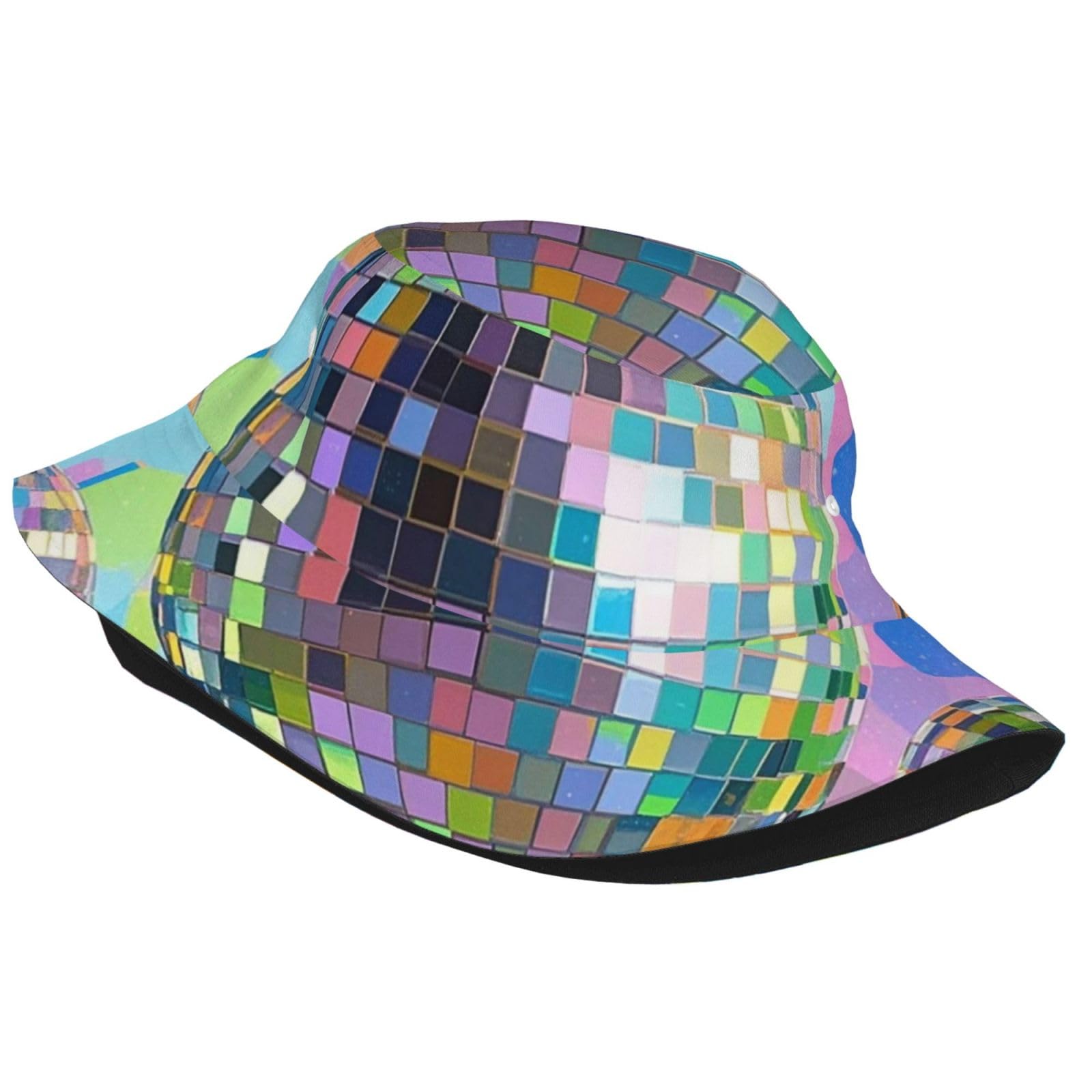 Unisex Cute Bucket Hat Summer Travel Fisherman Cap Disco Ball Pattern Beach Travel Sun Hat Outdoor Cap Black