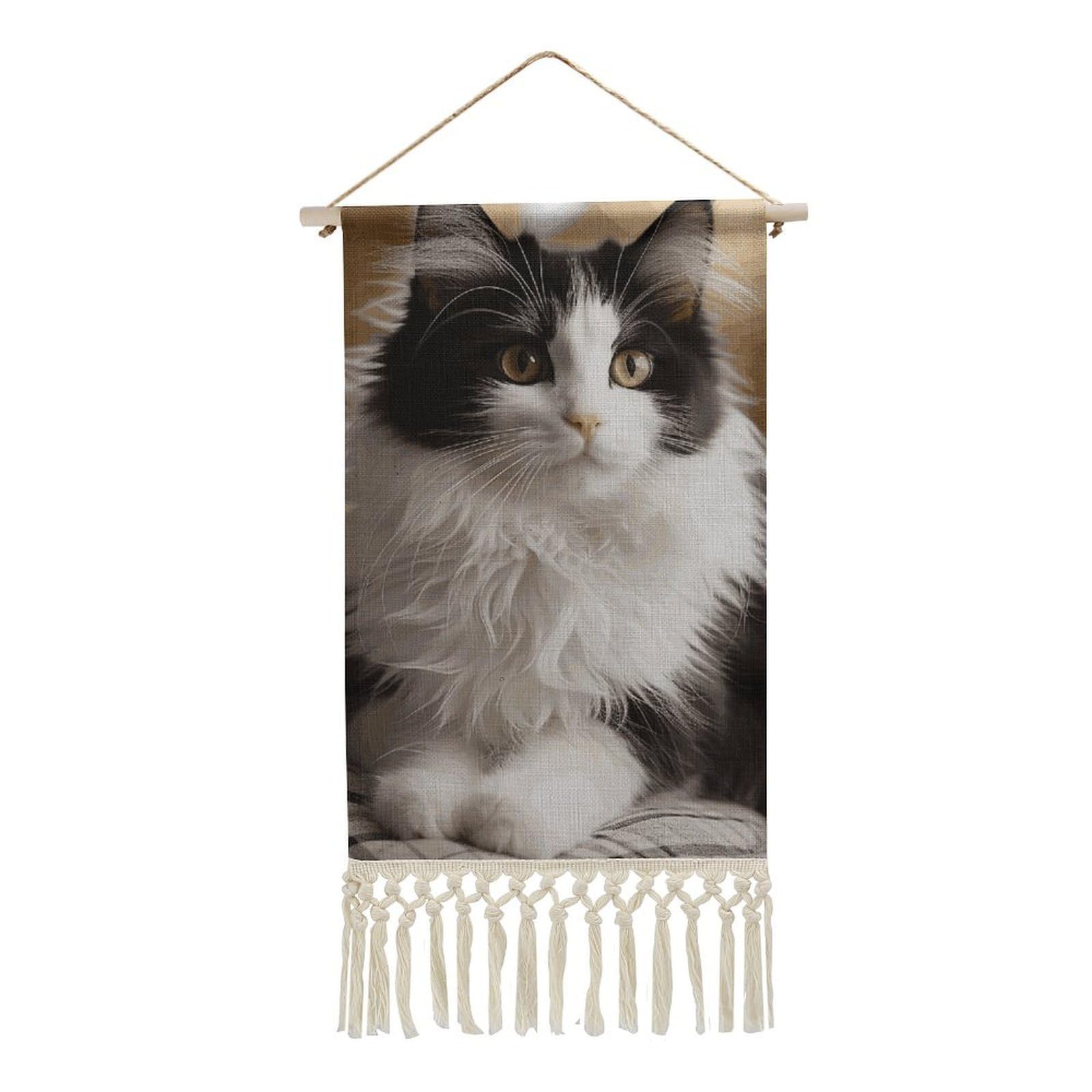 BTCOWZRV Cotton And Linen Hanging Poster with Tassels, White And Black Kitten Sitting Wall Hanging Tapestry Vintage Wall Art Painting Modern Artwork Decoration for Home Decor Ready to Hang 10x19.6 in