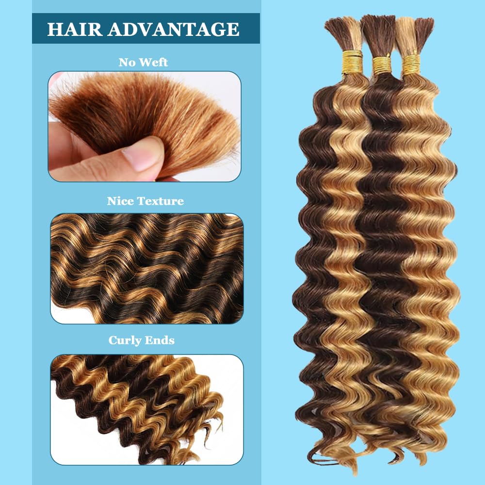 P427 Human Braiding Hair for Boho Braids 18 inch 3 Bundles P427 Deep Water Wave Bulk Boho Curly Human Hair for Bohemian Knotless Braids 150g