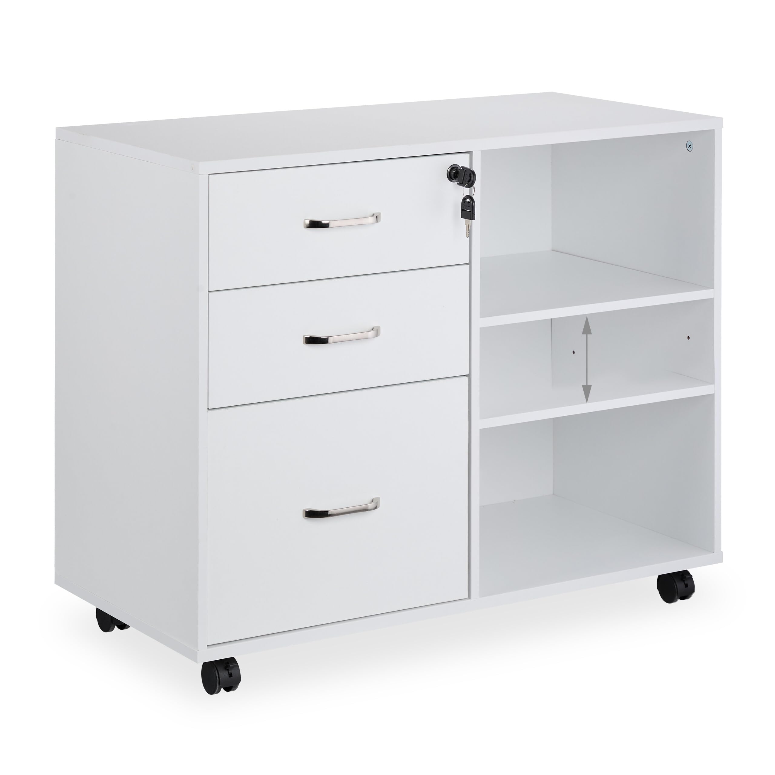 Relaxdays Mueble Archivador, 3 Cajones, 2 Compartimentos, 66x80x40 cm, 4 Ruedas Cajonera Oficina, con Llave, Blanco