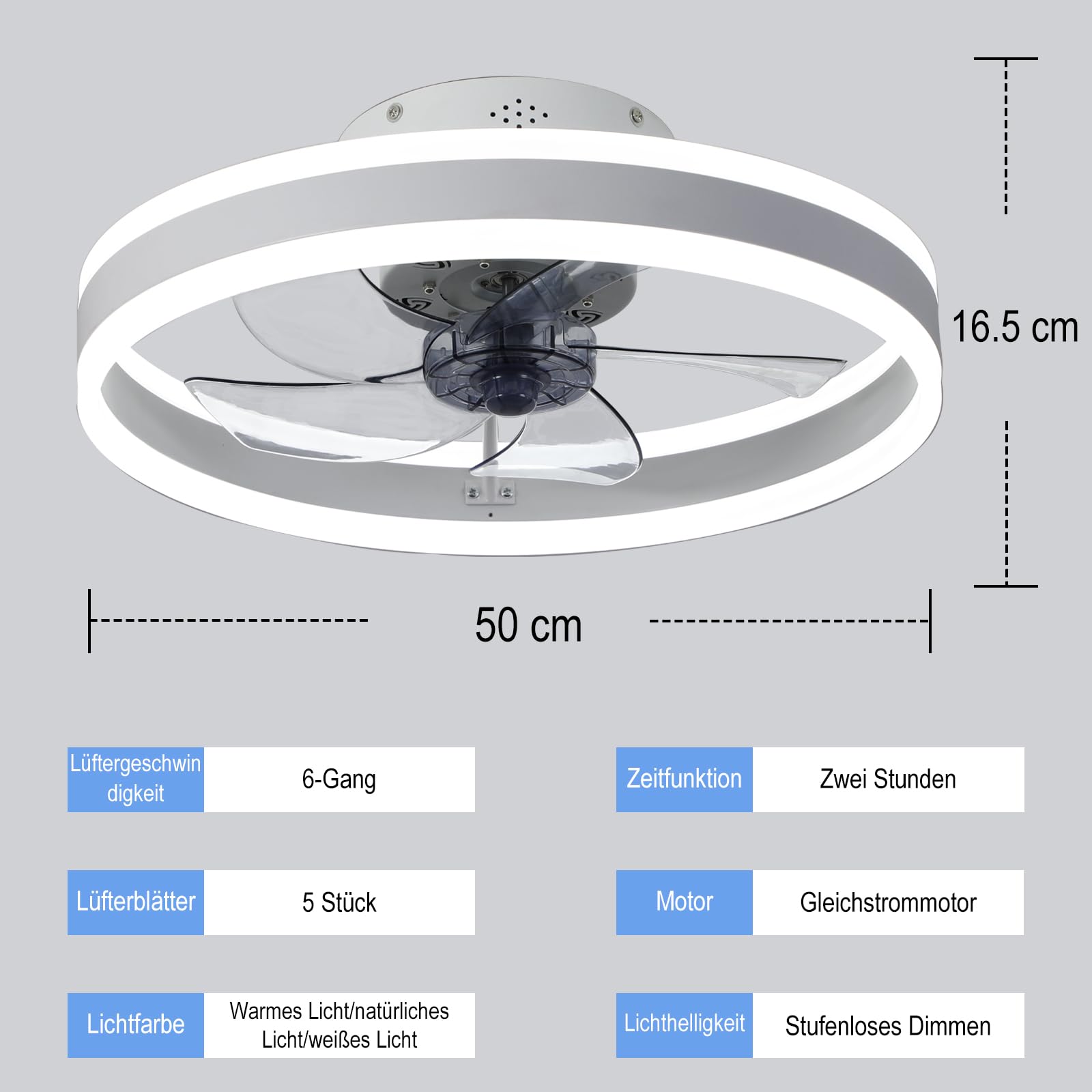 Deckenventilator Mit Beleuchtung,Ventilator Deckenleuchte,3 Farbtemperatur und 6 Geschwindigkeiten LED Deckenventilator mit Lampe,APP/Fernbedienung Leise Dimmbar Ventilator Deckenlampe (weiß, 50CM)