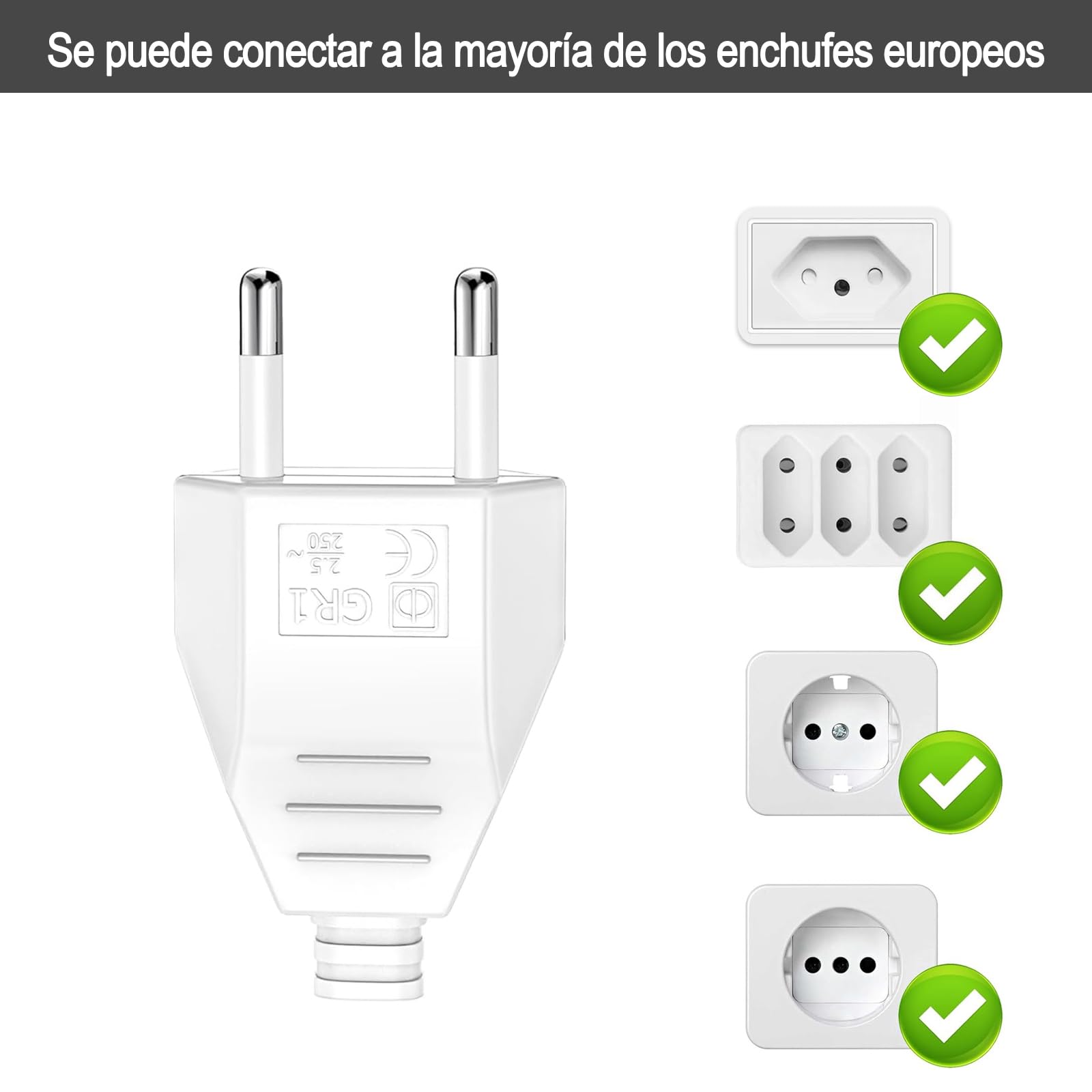 2 Piezas Enchufe Europeo Plano, Enchufes Euro de Alimentación 250V 2.5A, Clavija Enchufe Electricas Macho de Decoración del Hogar de Schuko Instala o Reemplaza, Blanco
