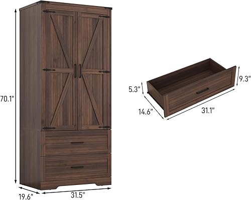 Miniatura 2 de Armario de 2 puertas con puertas y cajones, armario de madera de granja con estantes y barra para colgar para dormitorio, color marrón