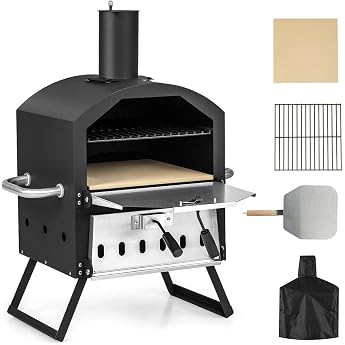 KOMFOTTEU Pizza Open Outdoor Pizza Oven 600   C Portable Wood Stove Made of Stainless Steel Pizza Oven 2 Levels for Garden Mini Oven with Pizza Stone Pizza Shovel Grill Rack Waterproof Lid