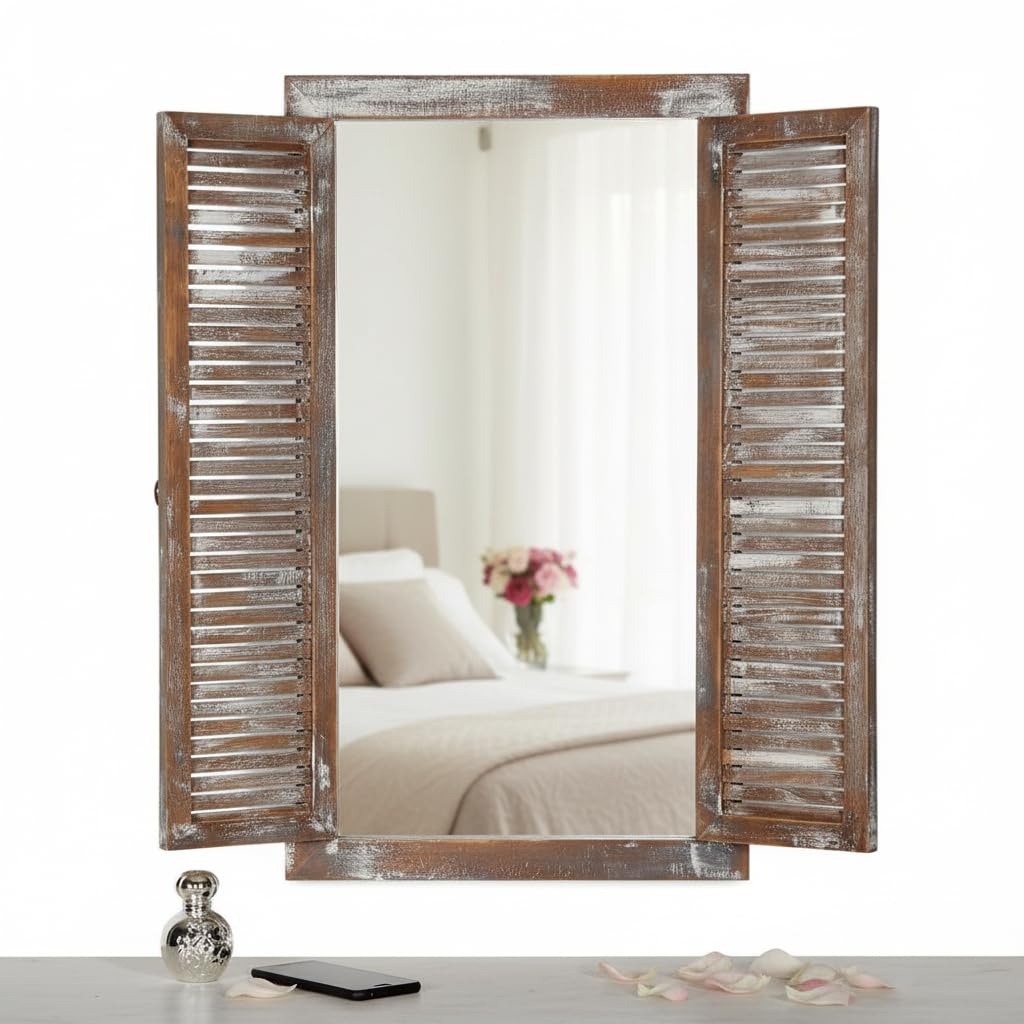 Melko Lustro garderobiane z okiennicami, lustro ścienne, 70 cm, Shabby Chic, okno lustrzane z