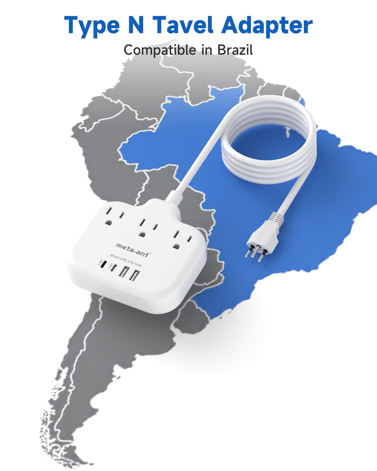 Brazil Adaptador de corriente, meta-ant Adaptador de tomacorriente para Brasil con 3 tomacorrientes americanas, 4 puertos USB (2 USB-C)