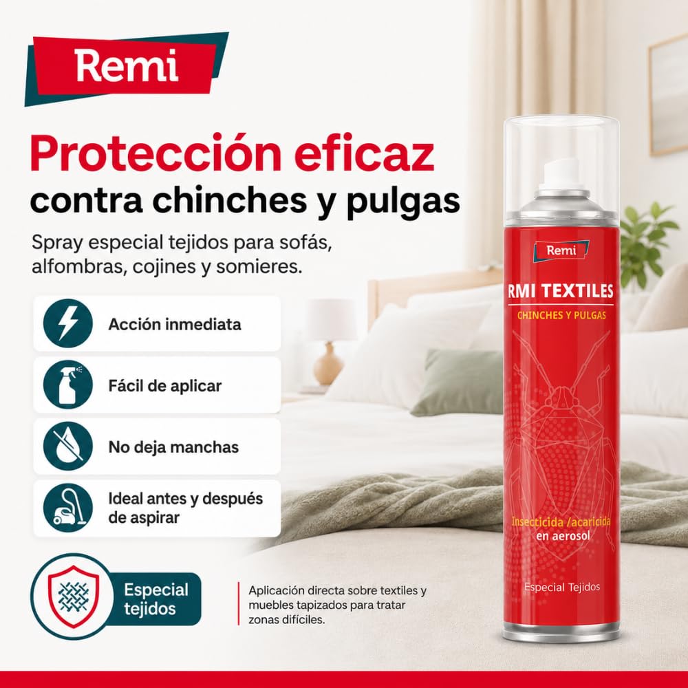 Remi Hogar Spray Anti Chinches y Pulgas Insecticida | Veneno | Aerosol Repelente Especial Tejidos | Eficaz | Aplicar en muebles