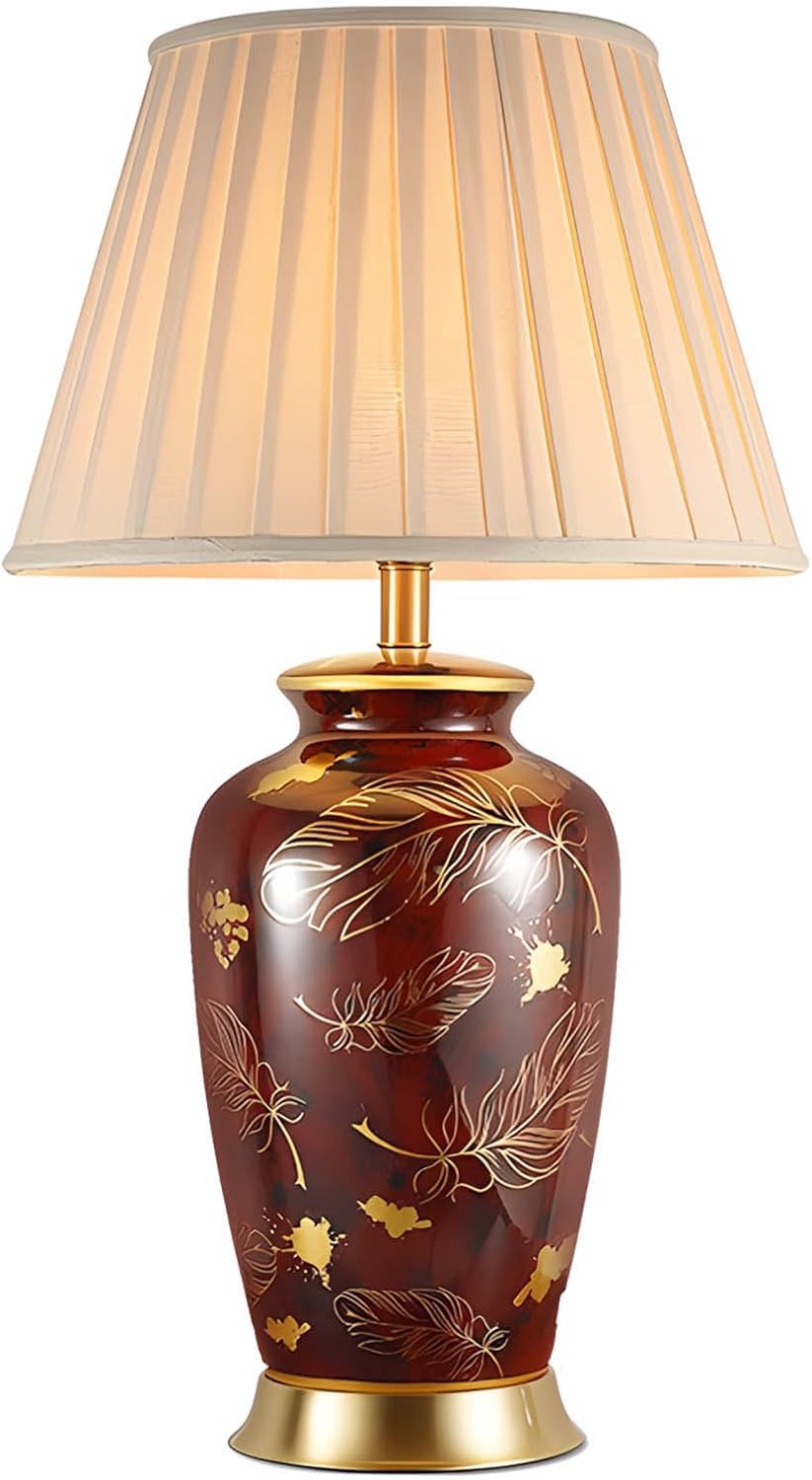 SANBDDLYY 26.7" Vintage Red Ceramic Table Lamp - Elegant Chinese Porcelain Nightstand Light for Living Room, Bedroom, and Office(Pleated Lampshade)