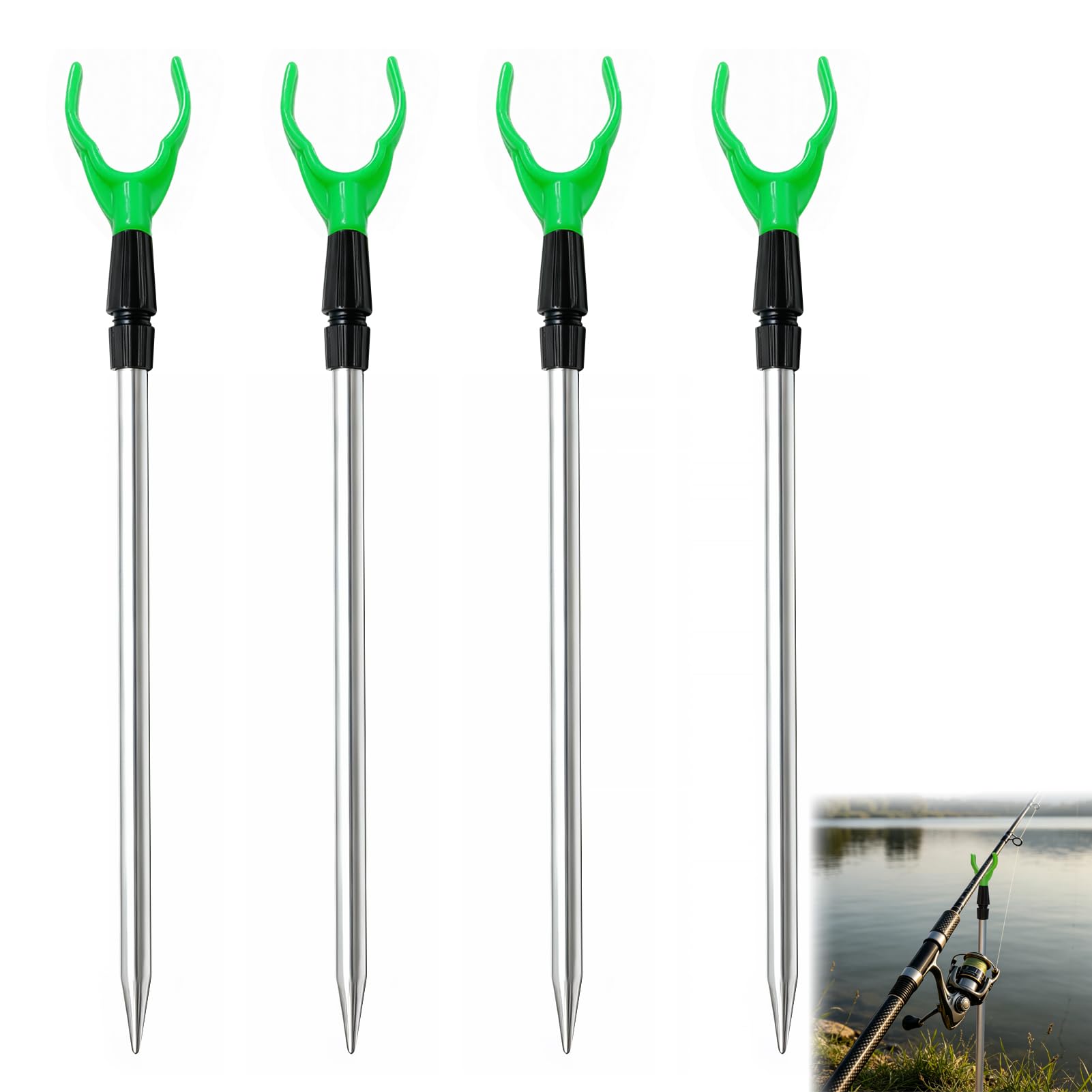 4PCS Fishing Rod Holder Set Bank Sticks Adjustable Extending Rod Rest Telescopic Fishing Rod Stand Pod for Bank Ground Sea Anglers Lake River Fishing Accessories 35-55cm Green