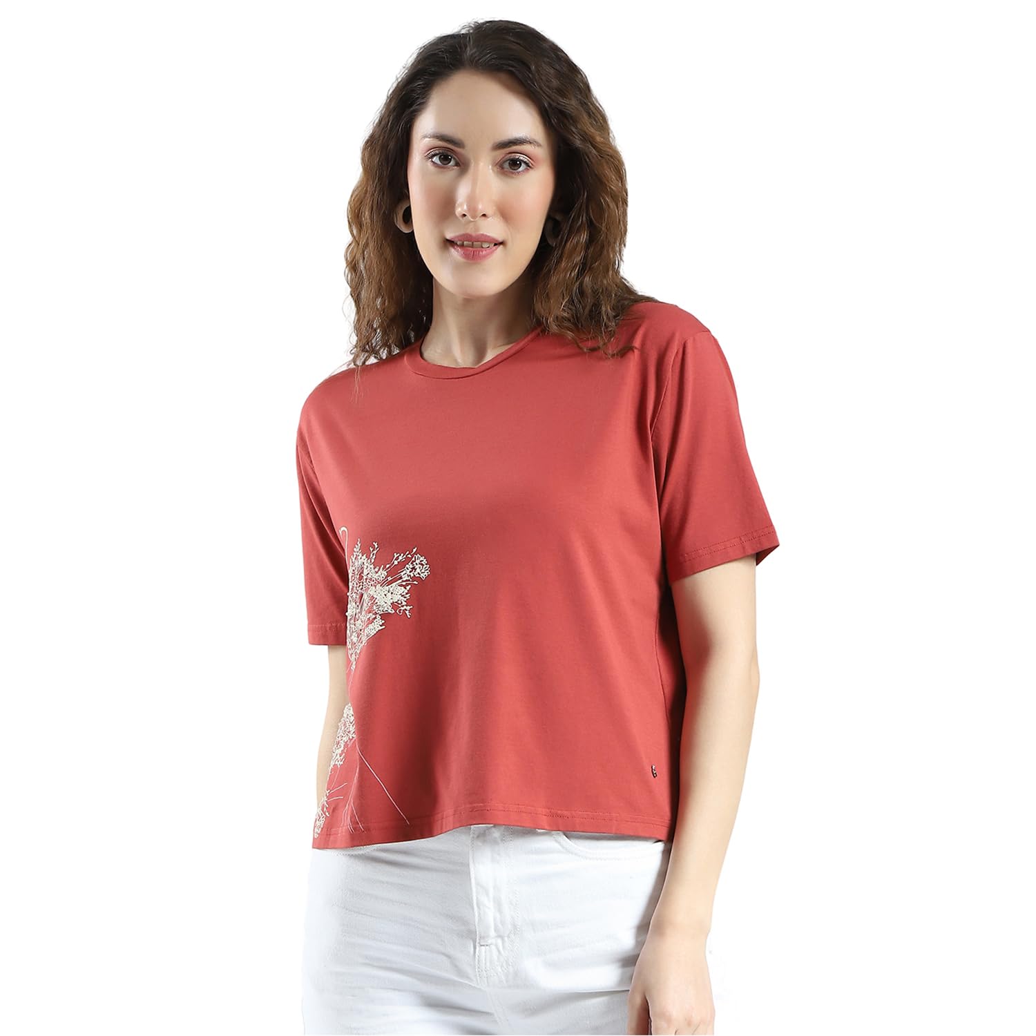 Women's Oversized Printed Round Neck Top | Half Sleeve | Casual Wear | Stylish & Comfortable | Everyday Wear Top for Women Rust S (Pack of 1)