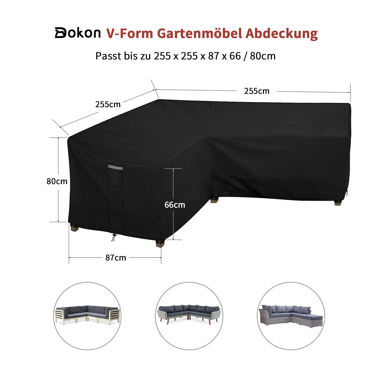 Dokon Gartenmöbel Abdeckung L Form Wasserdicht Winterfest 420D Oxford Gewebe Winddicht Anti-UV Schutzhülle für Loungemöbel L-Form, Ecksofa, Gartensofa Abdeckplane - 255x255x87x80cm