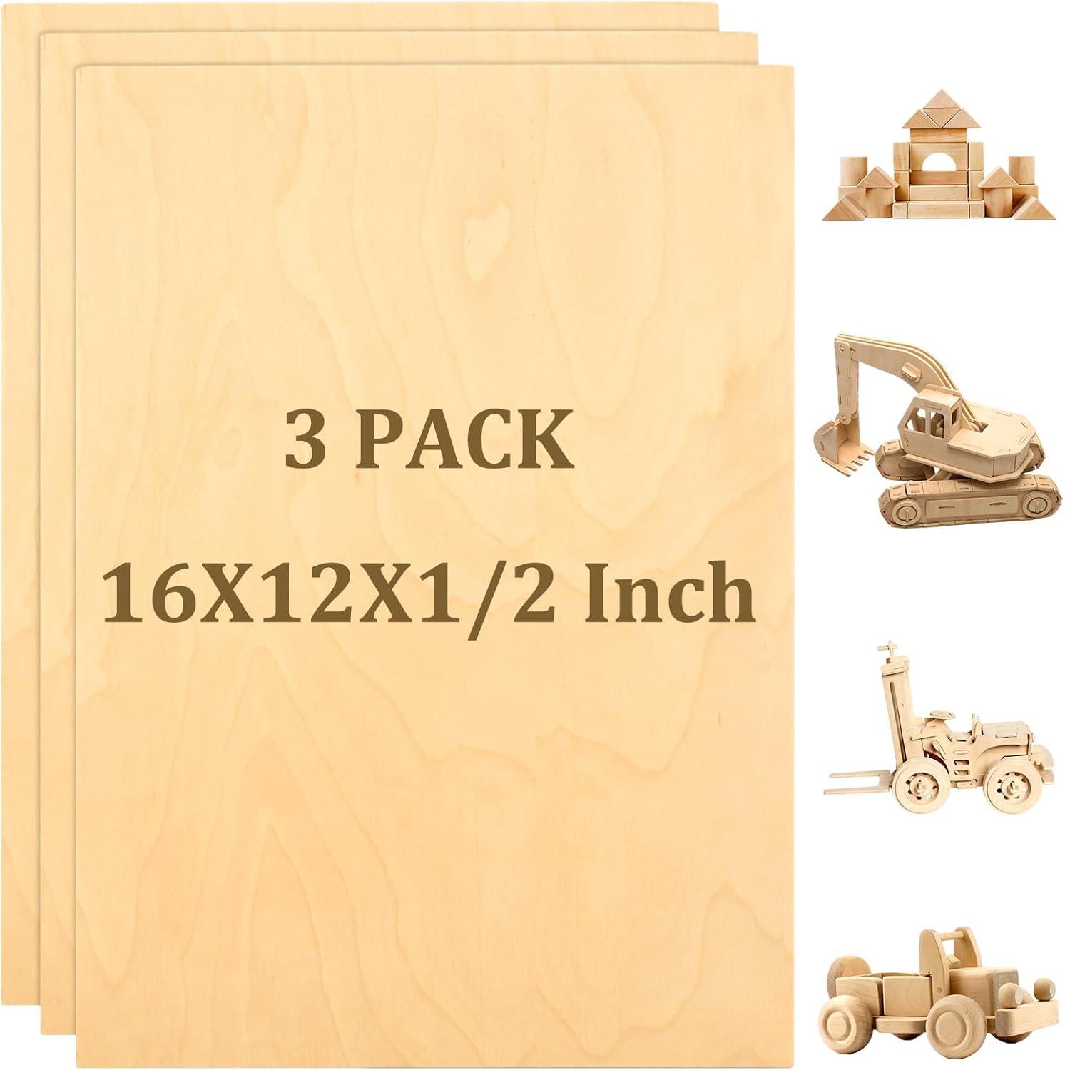 3 Pack 16 x 12 x 1/2 Inch Baltic Birch Plywood 6mm Wood Sheet, Baltic Birch Sheets for Cricut Maker, Architectural Models, Drawing Painting, Engraving Wood Burning Laser