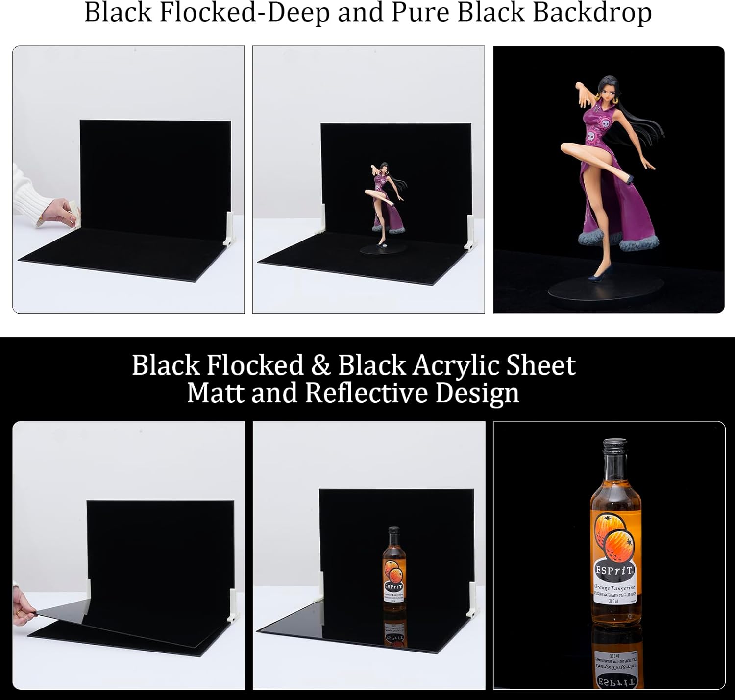 Product Photography Backdrop Kit, Reflective Black Acrylic Sheet & Light-Absorbing Flocked Bakcdrop Board, Tabletop Photo Background for Figurines, Jewelry and Cosmetics, 16x11.5in, MDAOCRY