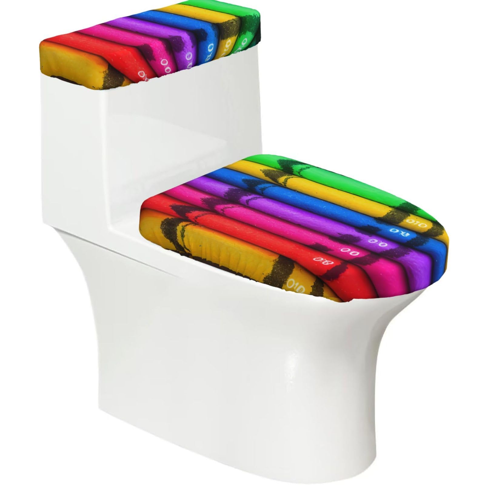 Cntdbu Black Colored Crayons Elastic Toilet Cover Set Of 2-Stretchy Lid And Tank Covers For Bathroom, Soft Washable U Shape Toilet Decor