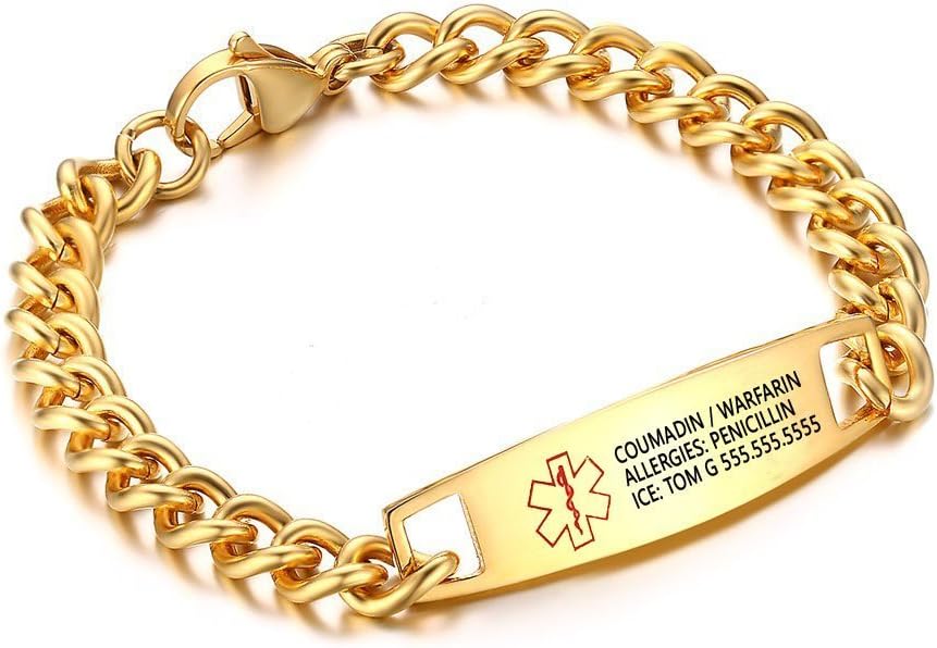 7.2" or 8.5" Free Engraved Emergency medical alert bracelet For men woman Titanium Steel medic alert bracelets (Gold, 21.5)