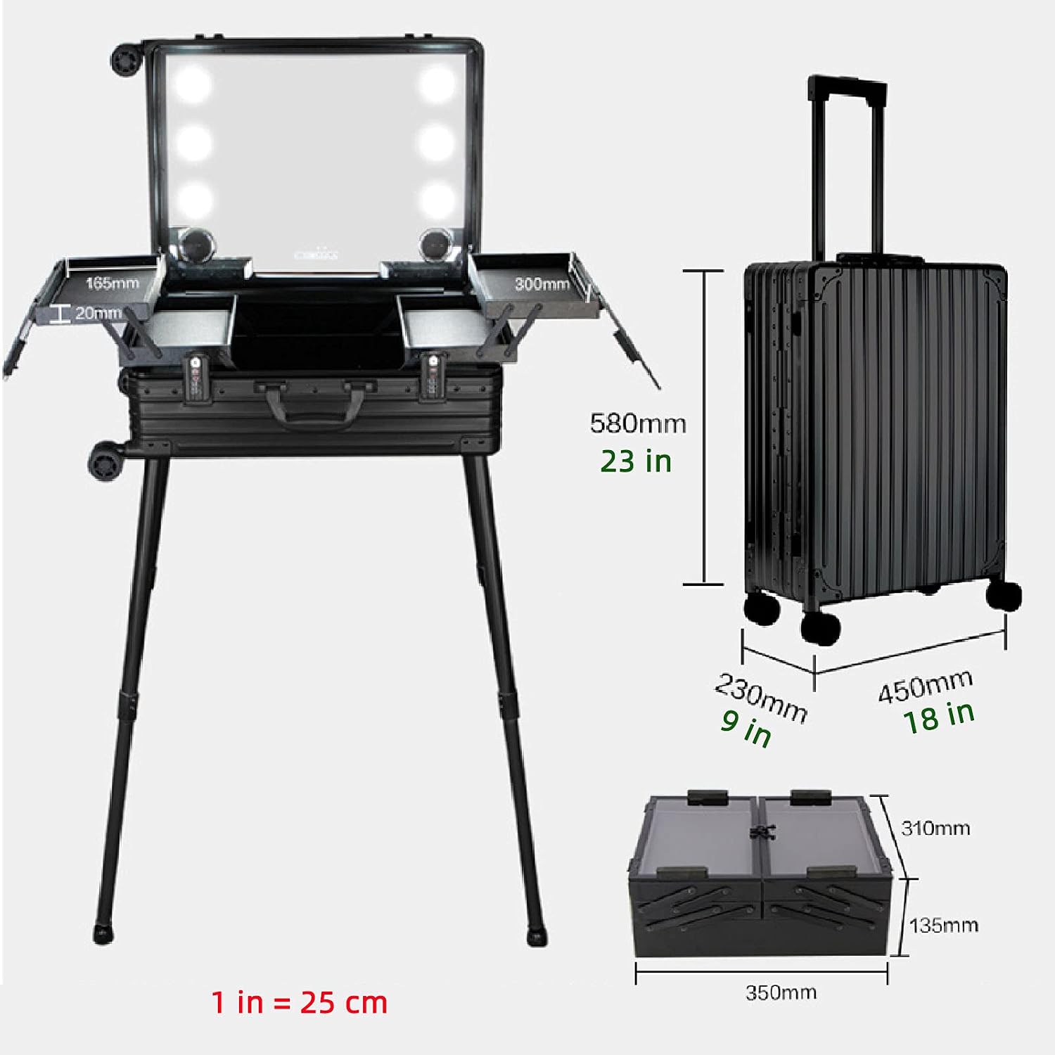 Professional Rolling Makeup Studio Beauty Cosmetic Train Case with LED Lighted Mirror Adjustable Legs Free Standing Travel Vanity Trolley Box Red (Silver)