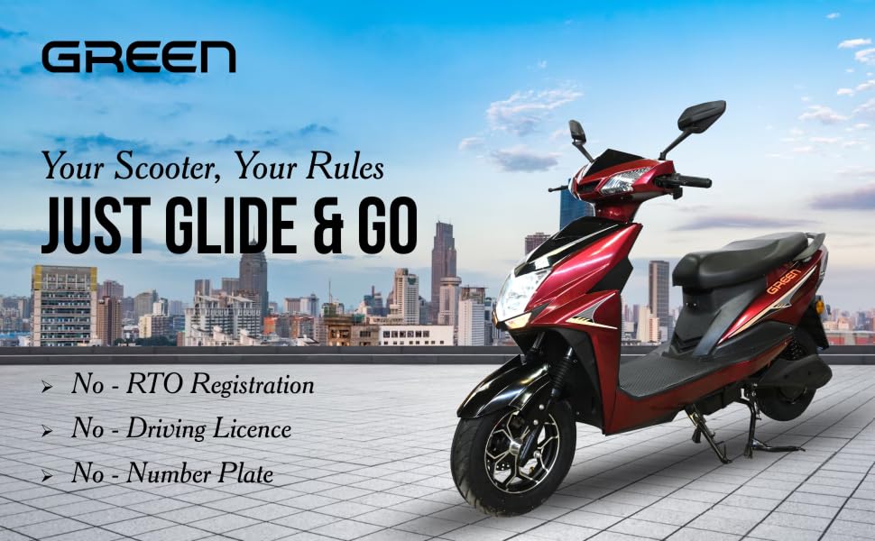 Image of Green Invicta Low Speed Electric Scooter Non RTO 60KM Range Red with Portable Charger