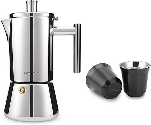 Easyworkz Diego - Máquina de café expreso para estufas, con taza de café expreso de acero inoxidable, juego de 2 tazas de metal con aislamiento de