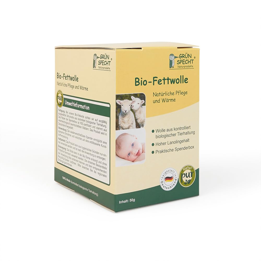 GRÜNSPECHT Bio-Fettwolle – 50 g Schurwolle mit Lanolin zur natürlichen Pflege von Babyhaut & Brustwarzen, aus kontrolliert biologischer Tierhaltung, Spenderbox (638-K1)