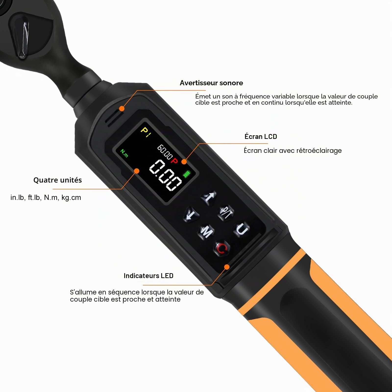 Clé Dynamométrique Numérique 3/8" Drive, 0,9-60 Nm Clé dynamométrique, Précision ±1%, 5 Unités (in-lb/ft-lb/Nm/kg-cm/kg·m), avec Buzzer et Alertes LED, pour Vélo, Moto et Voiture