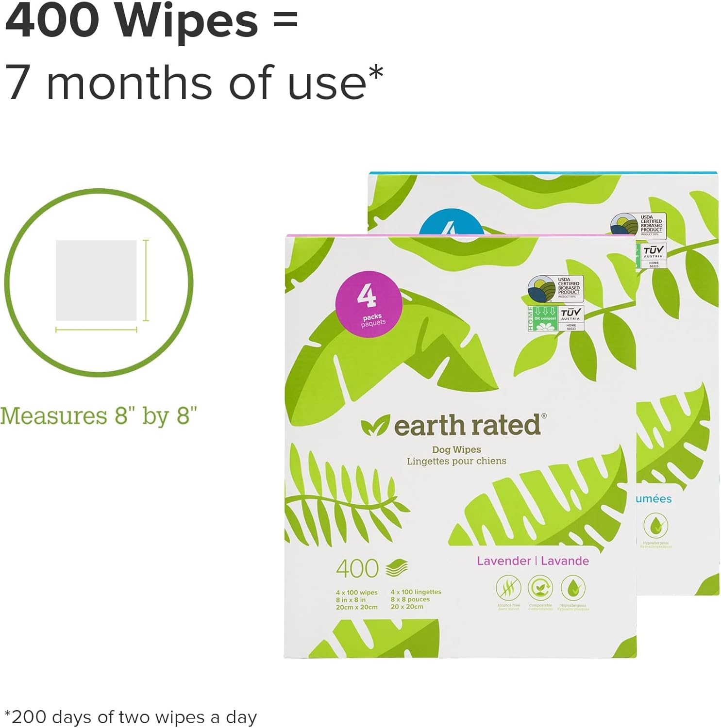 Earth Rated Dog Wipes, Thick Plant Based Grooming Wipes for Easy Use on Paws, Body and Bum, Lavender Scented, 400 Count