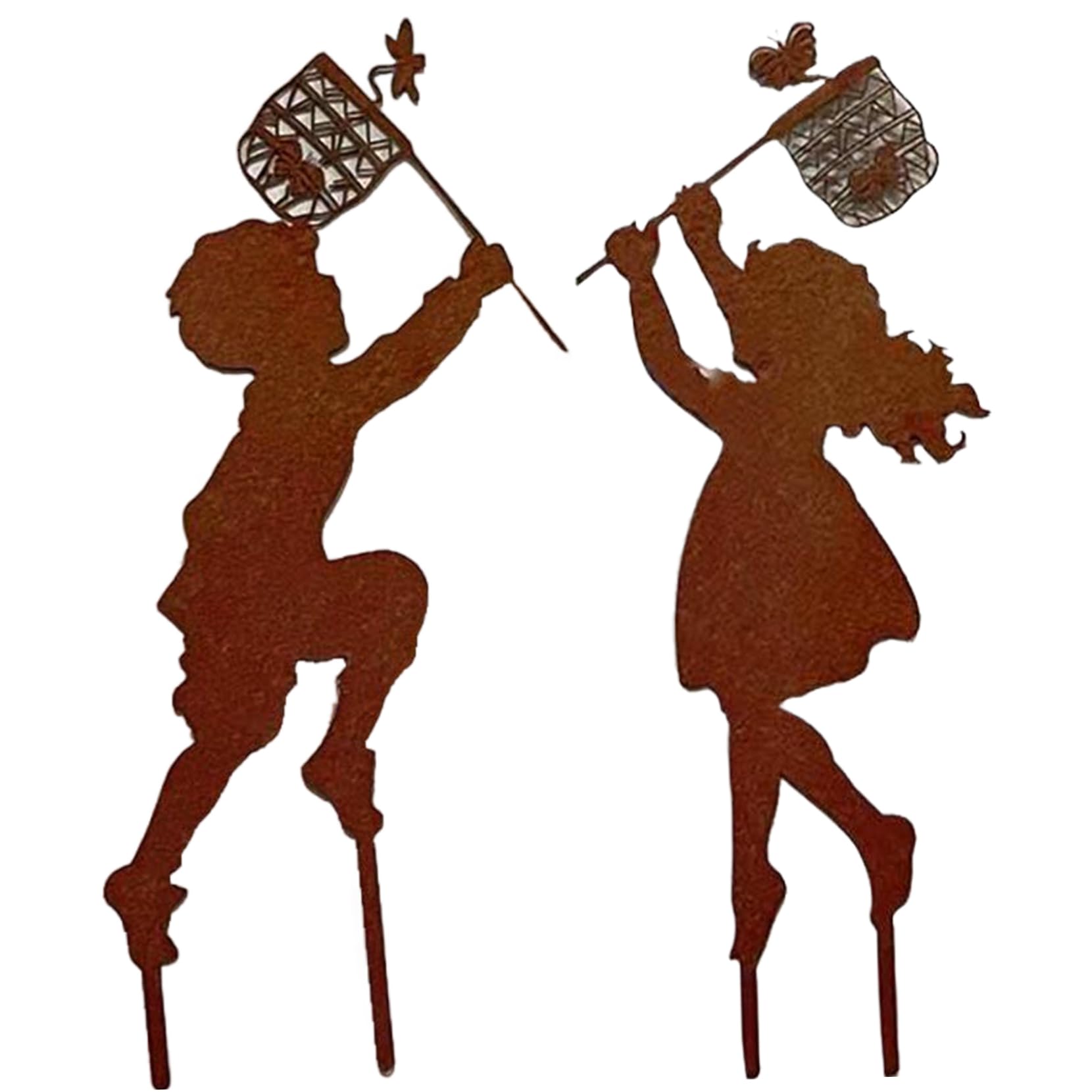 Hintyne metal silhouette stake Metal Fairy Silhouette, Boy Girl Silhouettes Chasing Butterfly Fairy Yard Stakes Vintage Garden Sculpture, Boys+girl