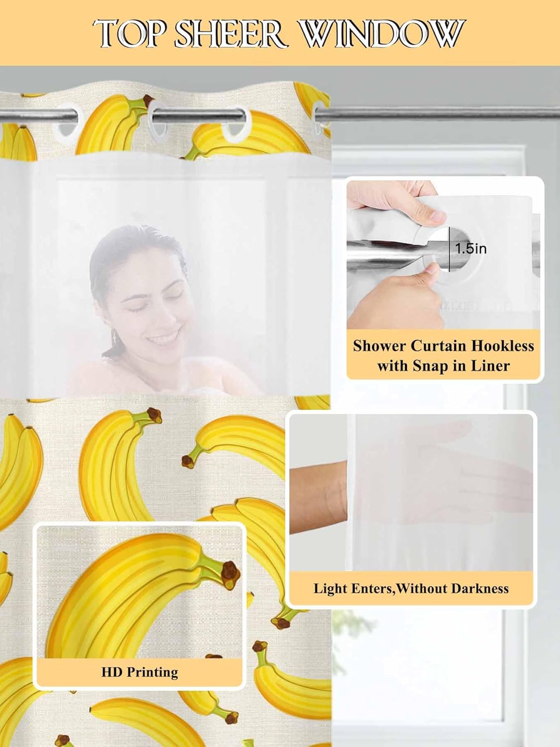 No Hook Shower Curtain with Snap in Fabric Liner Set Yellow Banana Shower Curtain for Bathroom Sweet Fruit Linen Bath Curtains Waterproof Inner Liner with See Through Top Window for Spa Hotel 72x84
